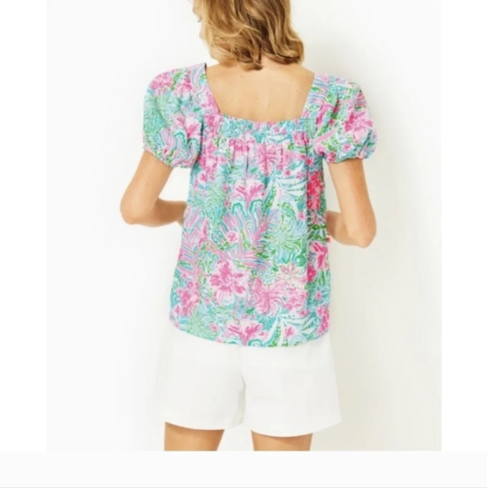 Lilly Pulitzer Keating Linen Pink & Aqua  Puff-Sleeve Square Neck Top SZ.1O - Picture 3 of 10